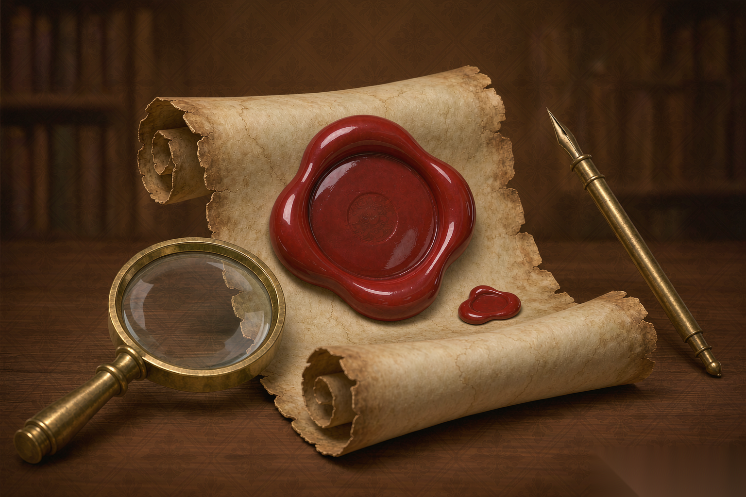 A sealed parchment and magnifying glass, illustrating copyright and legal review