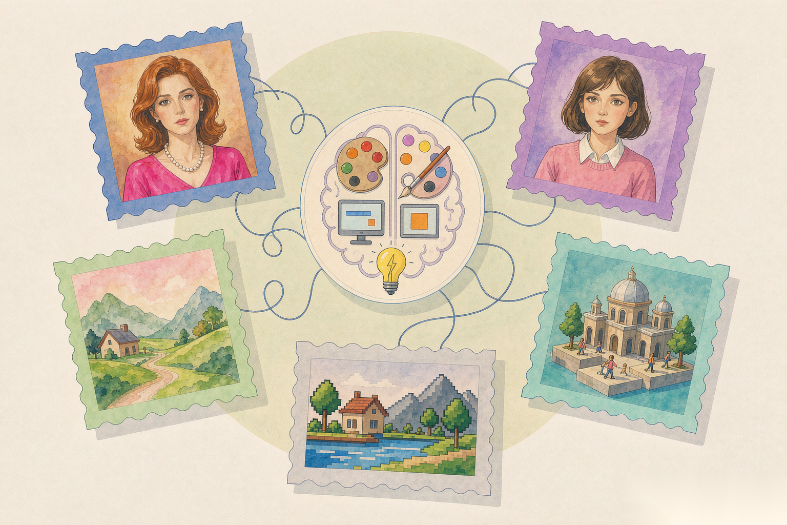 Illustration comparing various AI image generation styles and tools