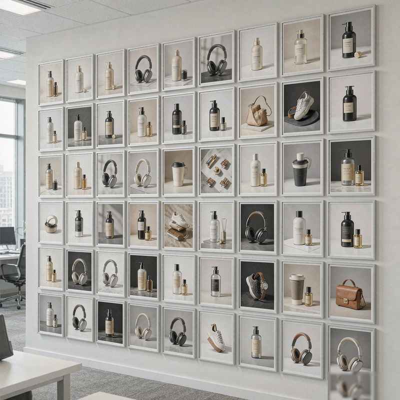 A wall grid of many small product advertising photo variations