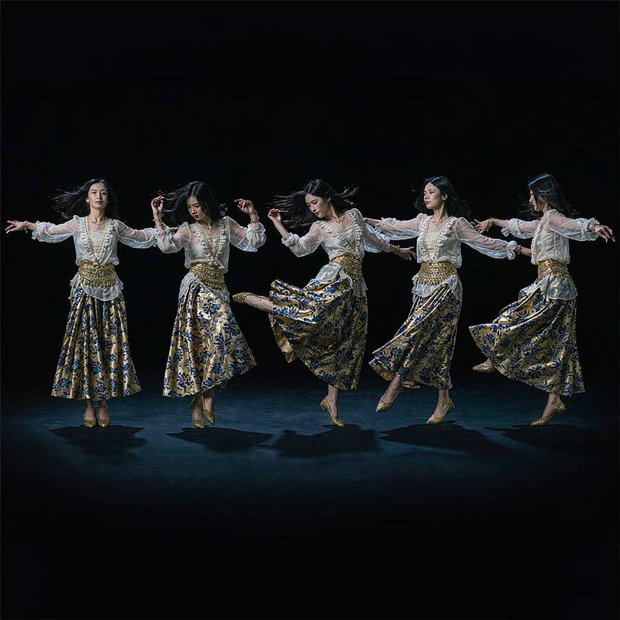 A dancer frozen mid pose dissolving into sequential motion frames