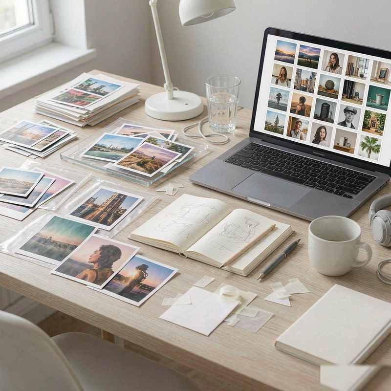 Fotografía de stock impresa desintegrándose en píxeles digitales