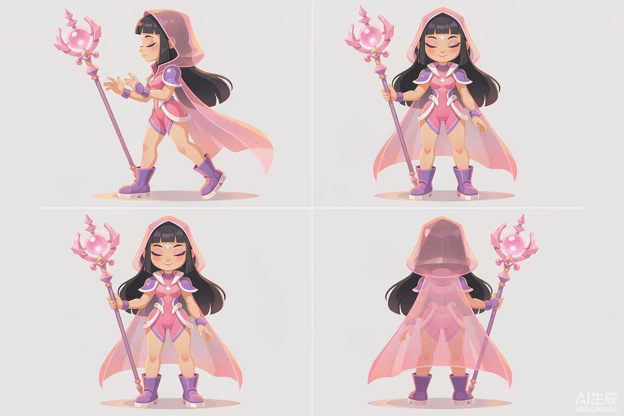 Ein KI-generiertes Character-Design-Sheet mit vier konsistenten Ansichten derselben illustrierten Figur