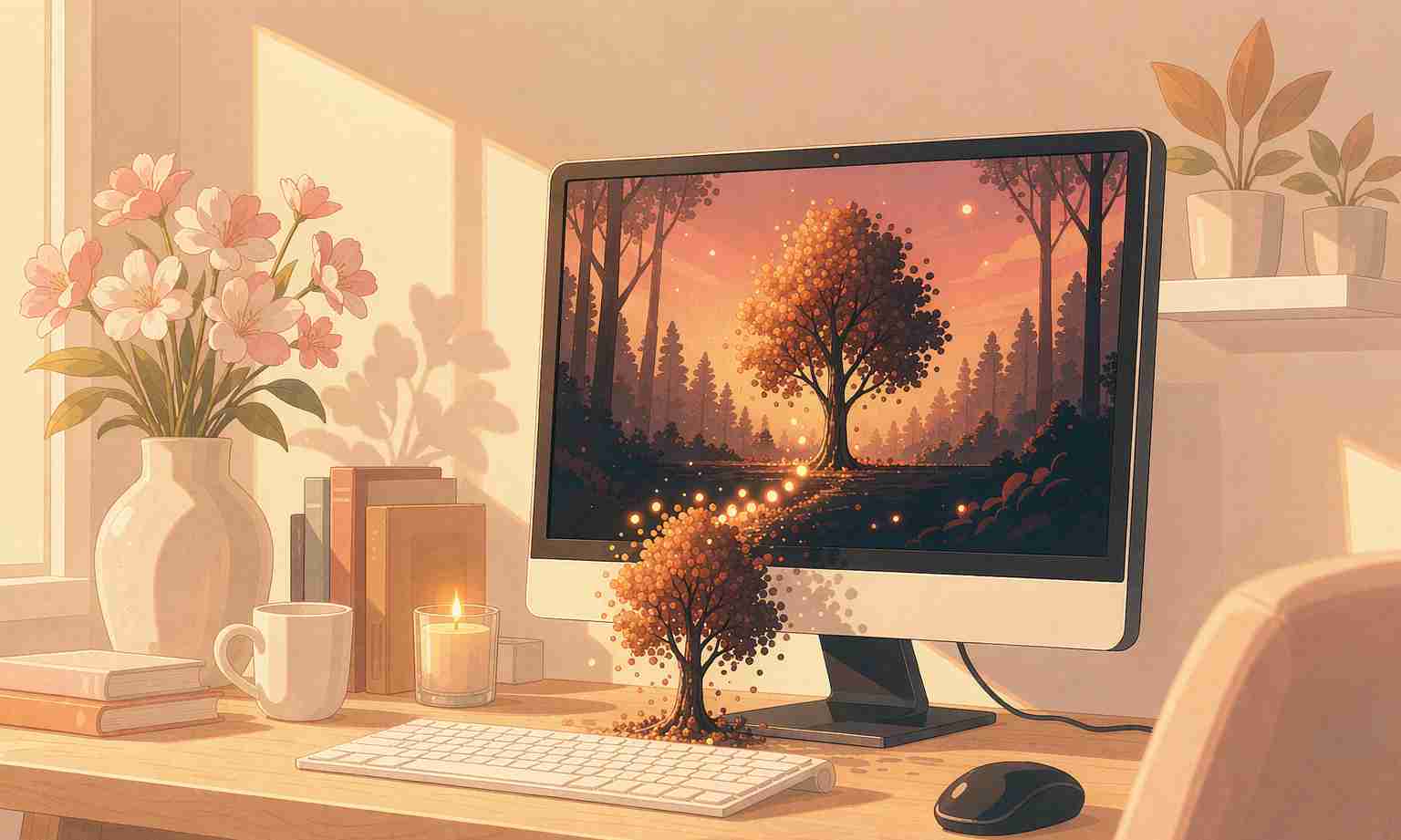A desktop computer is generating an image, and the picture on the screen gradually coalesces from particles into form