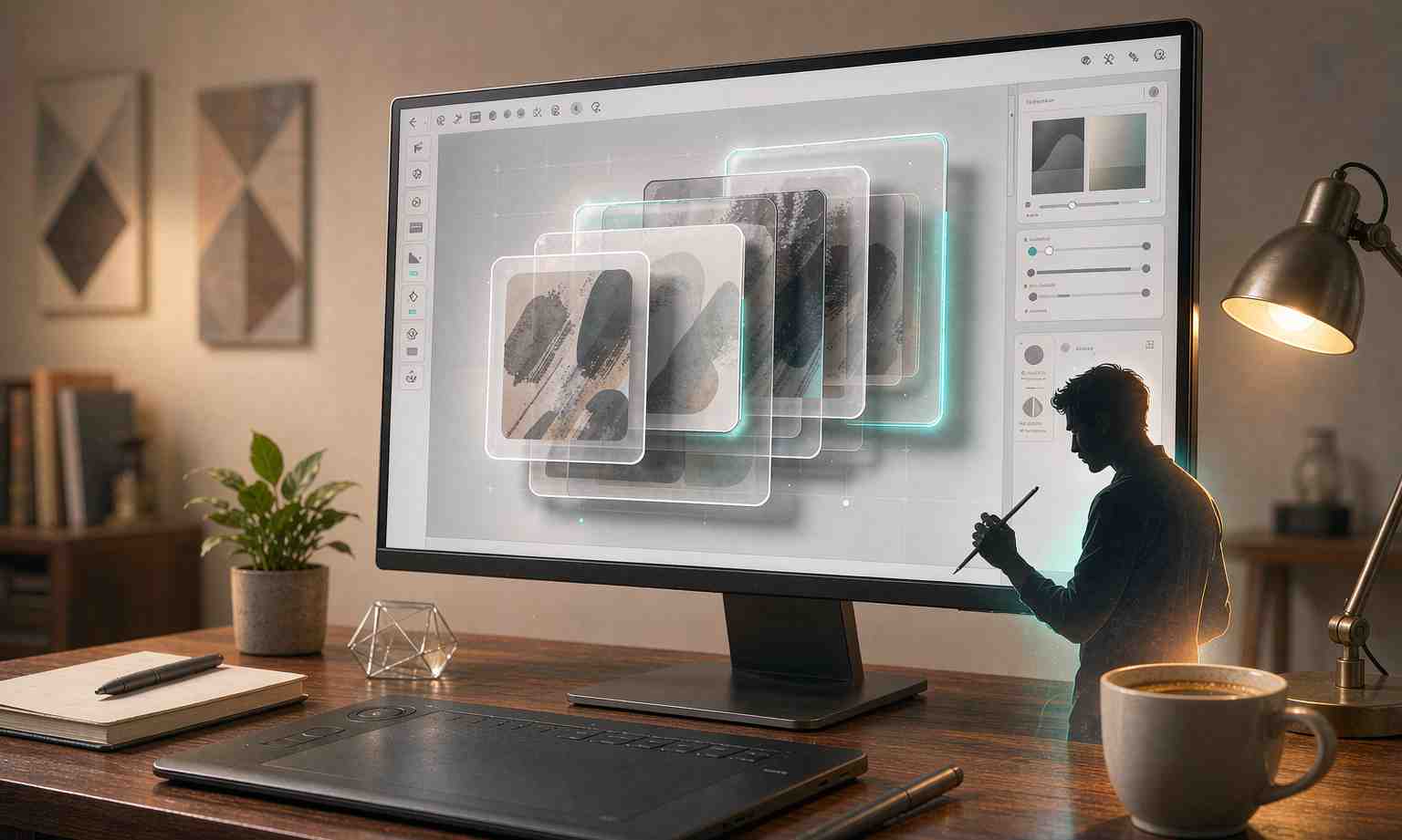 Na bancada de um designer, a tela mostra edição de imagem por IA e sobreposição de camadas transparentes