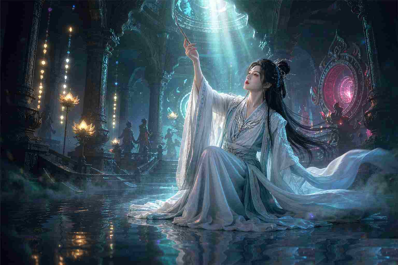 Still from an AI short drama: a character in the ancient Chinese xianxia style standing in a hall of light and shadow
