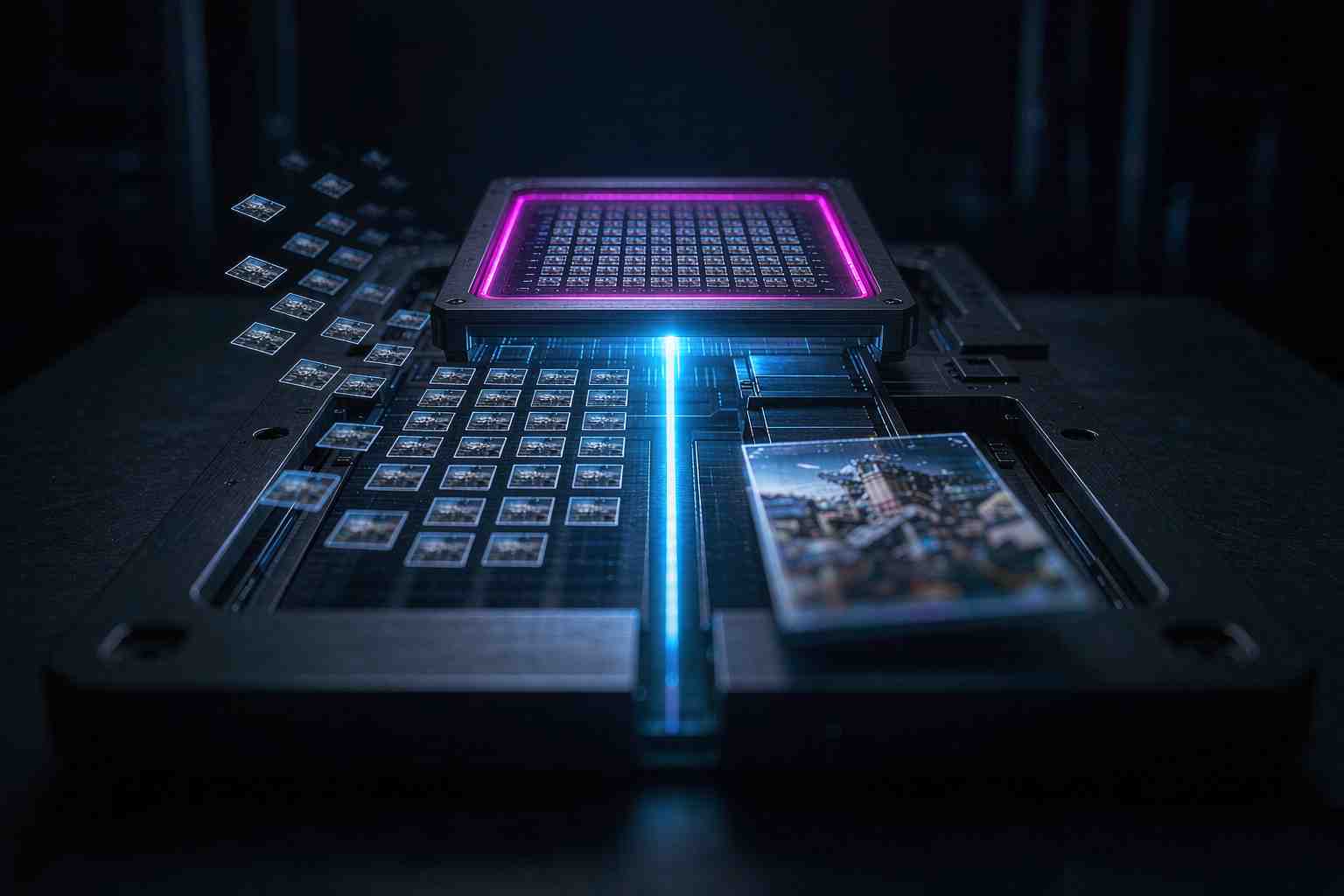 Ein leuchtendes Prisma, das einen Lichtstrahl in zwei Ströme aufteilt und ein schnelles Bildmodell sowie ein präzises repräsentiert
