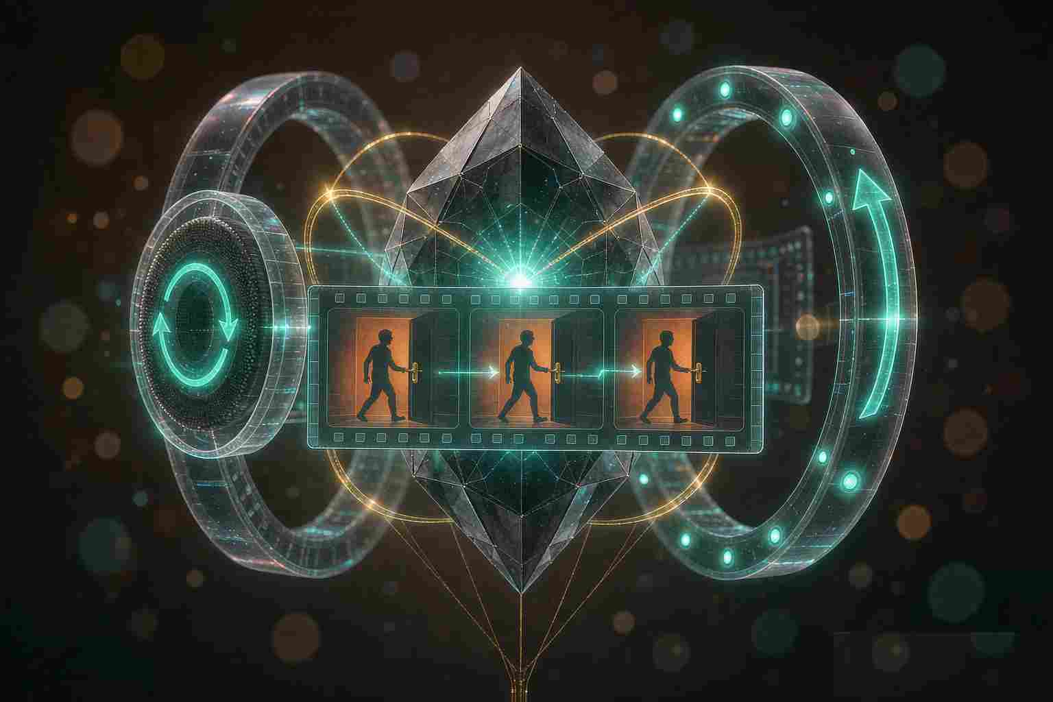 Une bande de storyboard holographique montrant une silhouette qui pousse une porte dans la bonne direction