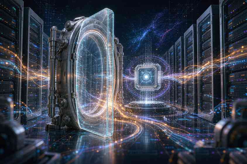 Une porte de coffre-fort ouverte révélant des baies de serveurs et une puce lumineuse, représentant des modèles d’IA open source sur silicium chinois