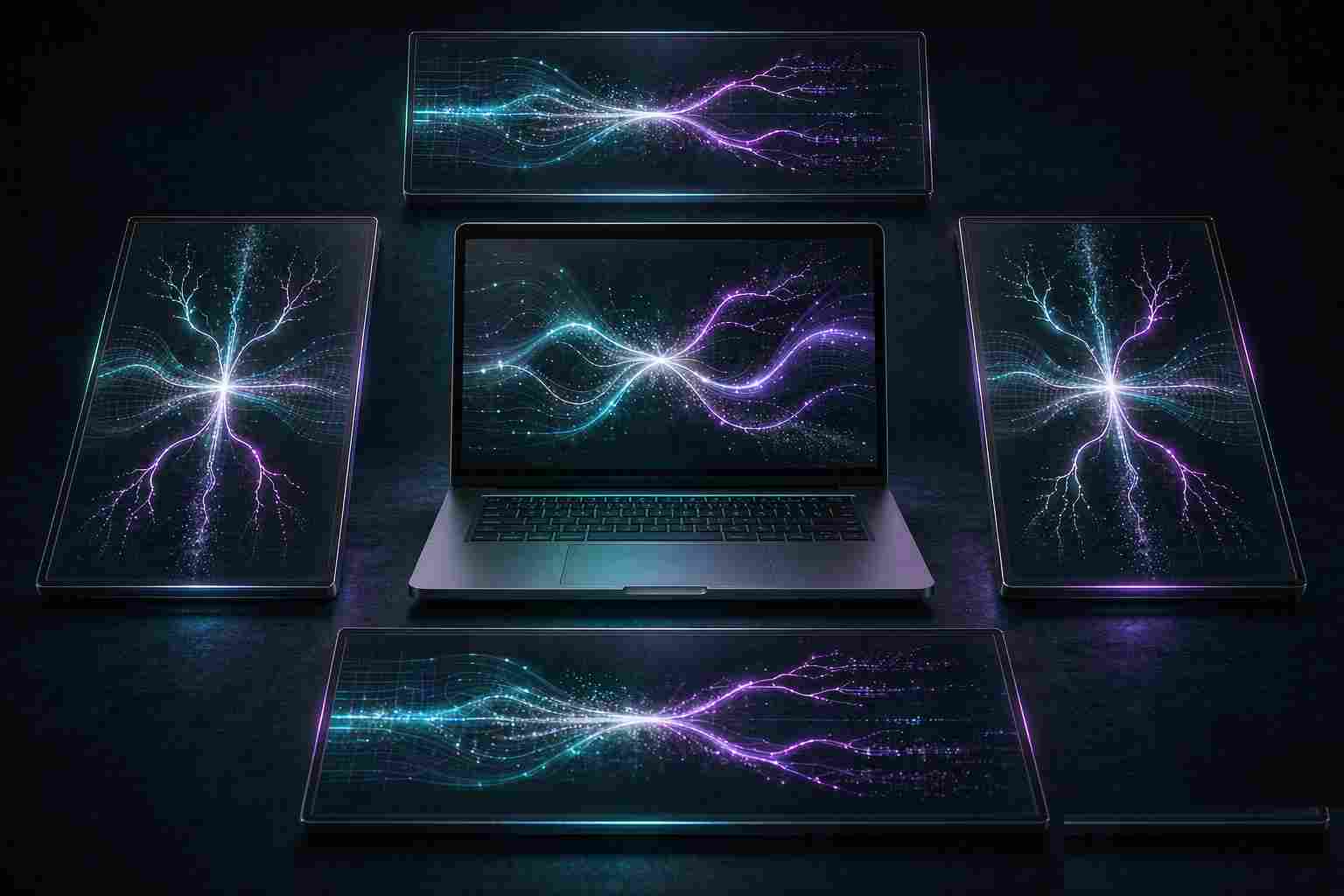 Um laptop sobre uma mesa escura cercado por quatro painéis brilhantes de padrões de luz abstratos e linhas do tempo ramificadas dispostas em paralelo