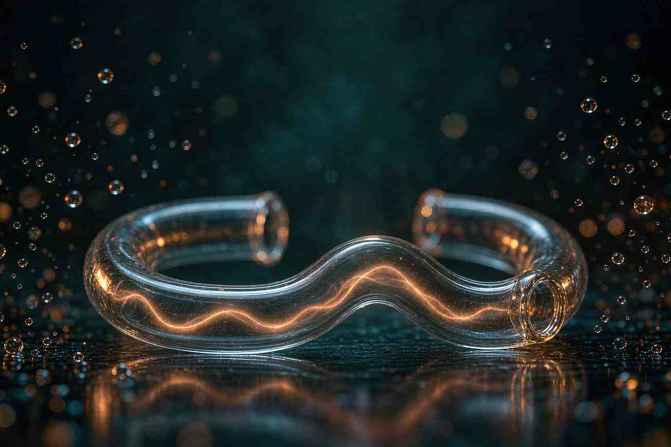 Un'onda delicata di luce che viaggia attraverso un tubo di vetro curvo su una superficie scura lucida, turchese con caldi riflessi ambrati