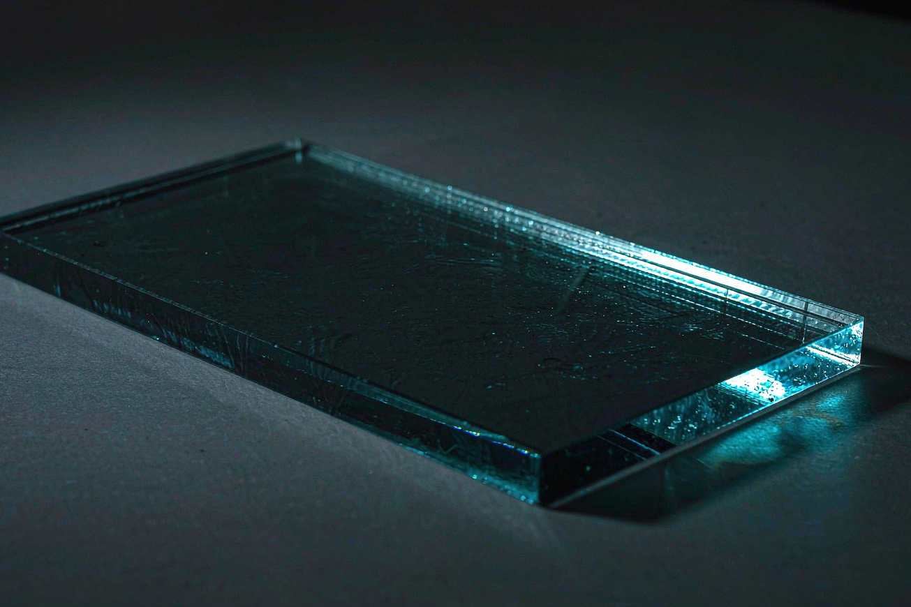 Eine Glasplatte auf einer dunklen Oberfläche, deren eine Hälfte allmählich transparent wird, als gehöre sie gleichzeitig zu zwei Orten, während der Rand kaltes cyanfarbenes Licht abgibt