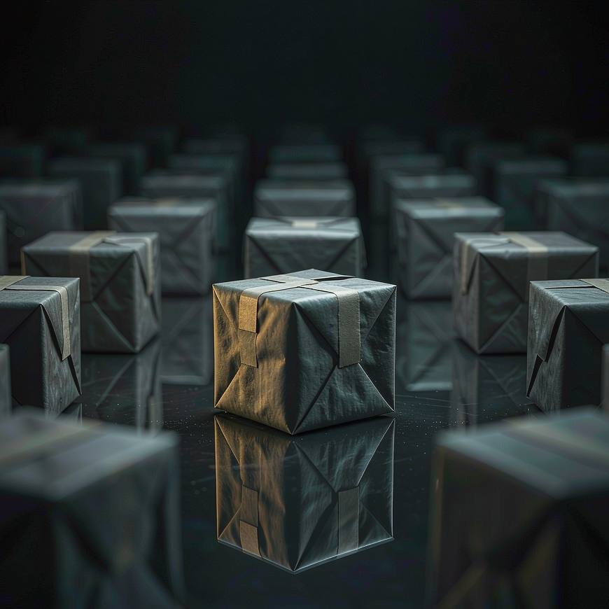 A single blank sealed parcel standing on a dark reflective floor, surrounded by identical parcels fading into shadow