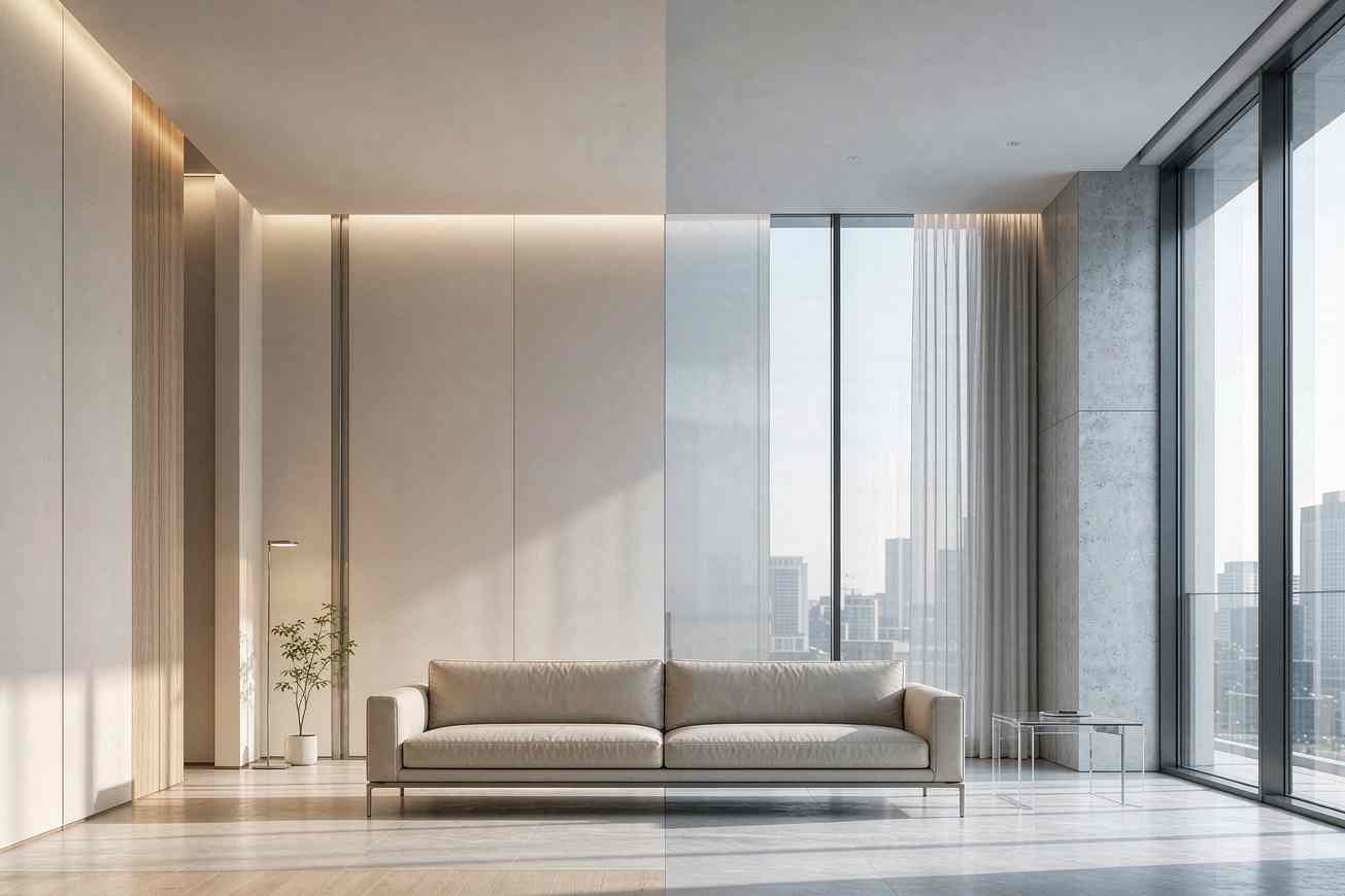 Ein minimalistisches modernes Wohnzimmer, halb warm beleuchtet und halb kahl, mit einem einzigen leeren Sofa