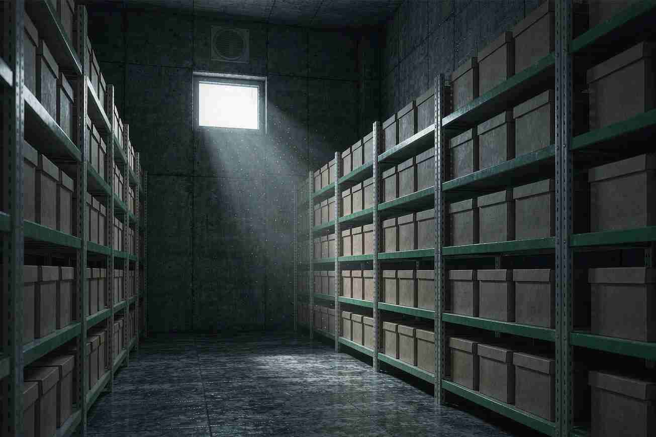 A dim basement aisle of steel shelving stacked with sealed plain archive boxes