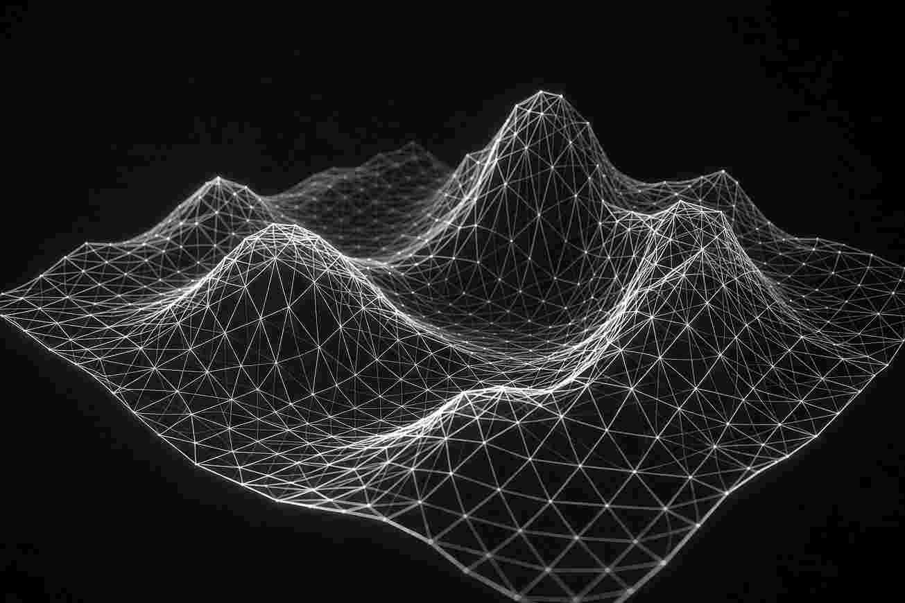 A glowing wireframe terrain of thin white lines undulating across a black void