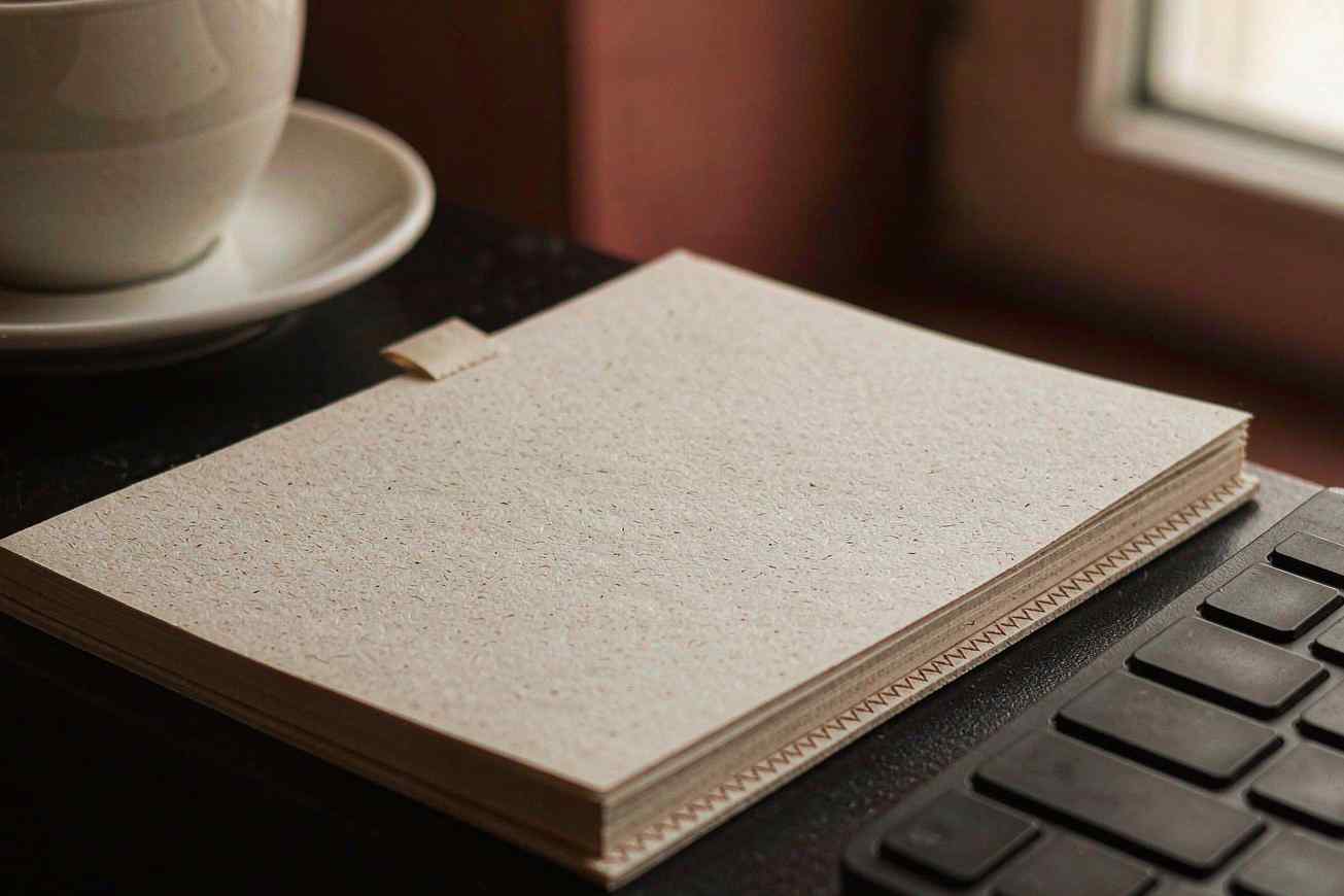 Un cuaderno en blanco abierto sobre una mesa oscura y un teclado delgado, junto a la cálida luz de una ventana