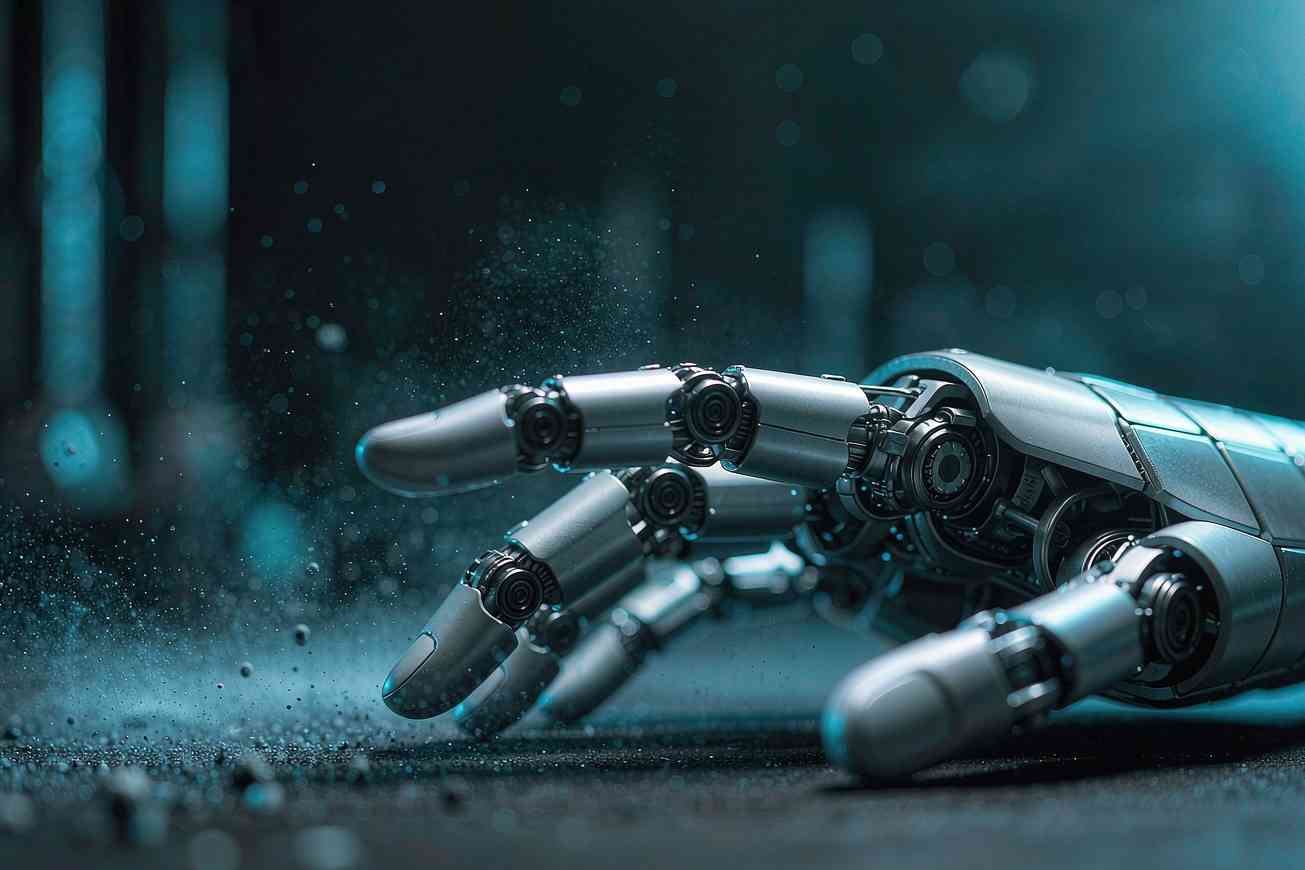 Una mano robótica con dedos metálicos articulados descansando sobre una superficie oscura mate