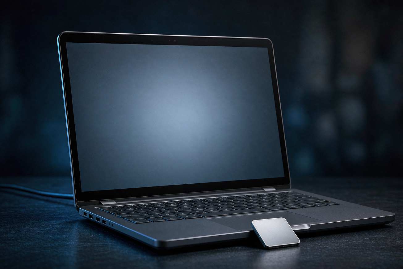 Un ordinateur portable moderne à l’écran vide sur un bureau sombre, à côté d’une souris sans fil