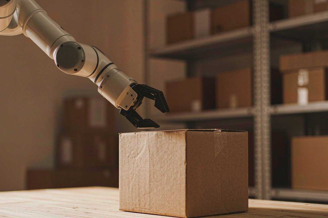 Bei warmem Licht streckt sich der Arm eines humanoiden Roboters nach einem Karton auf einem Holztisch, im Hintergrund unscharfe Lagerregale