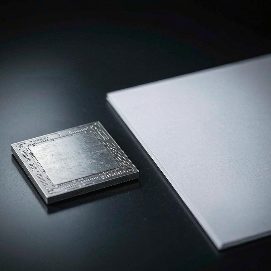 A square silicon die on a dark reflective surface beside a blank sheet of white paper
