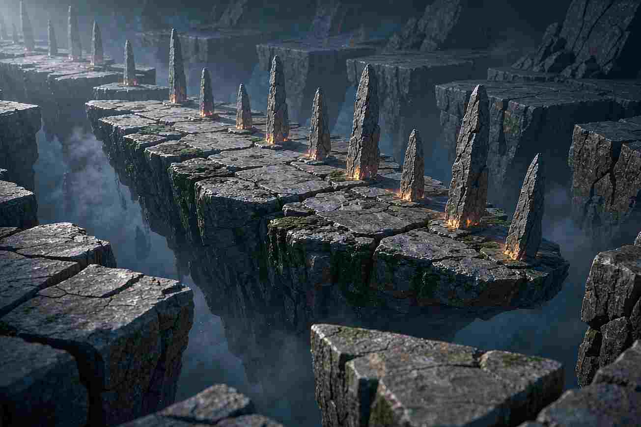 Plateformes de pierre flottantes avec de pâles obélisques émergeant d'une brume basse