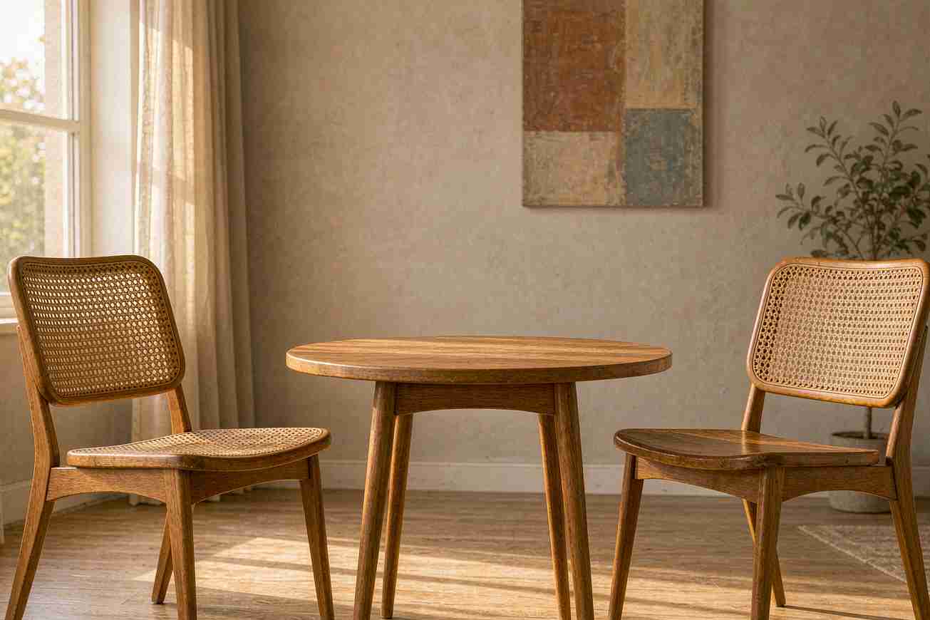 Two empty mid century chairs facing each other across a small round table