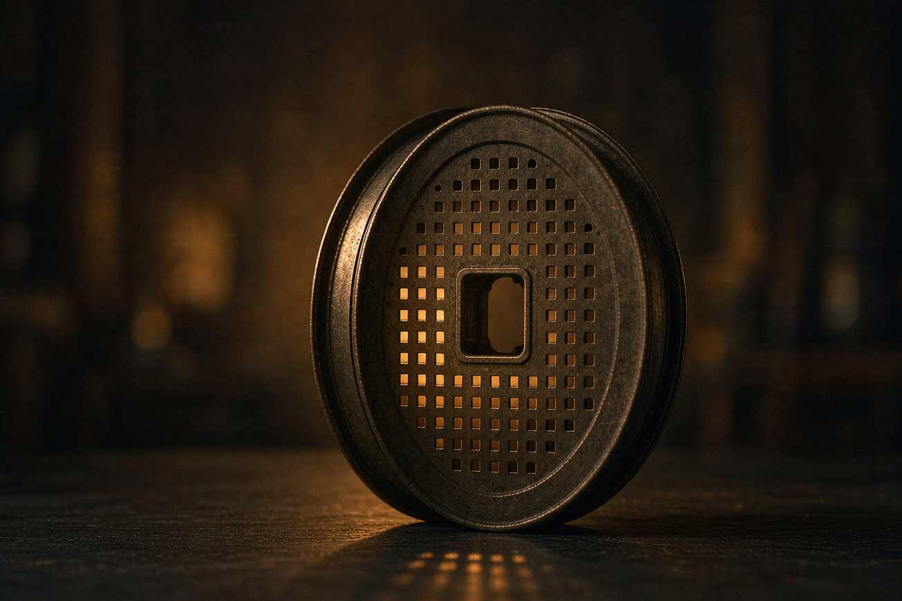 A single metal film reel standing upright on a dark table with warm light through it
