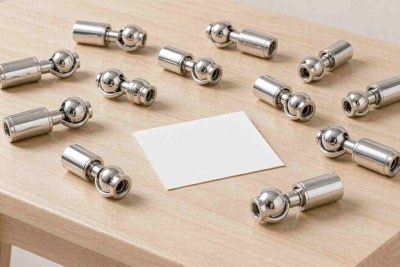 Scattered metal joint modules and a blank sticky note on a workbench, soft side lighting