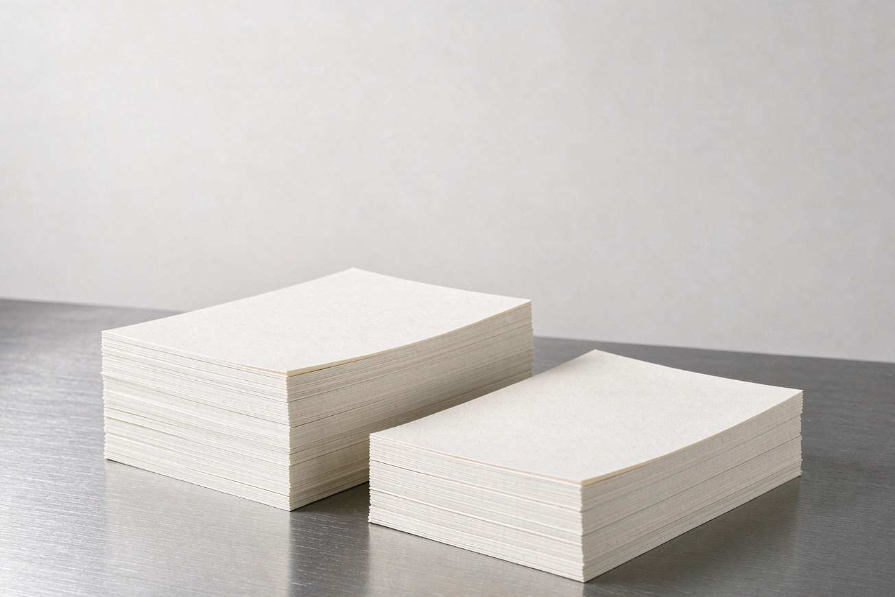 Deux piles de livrets en papier vierge de hauteurs différentes sur une table en acier brossé