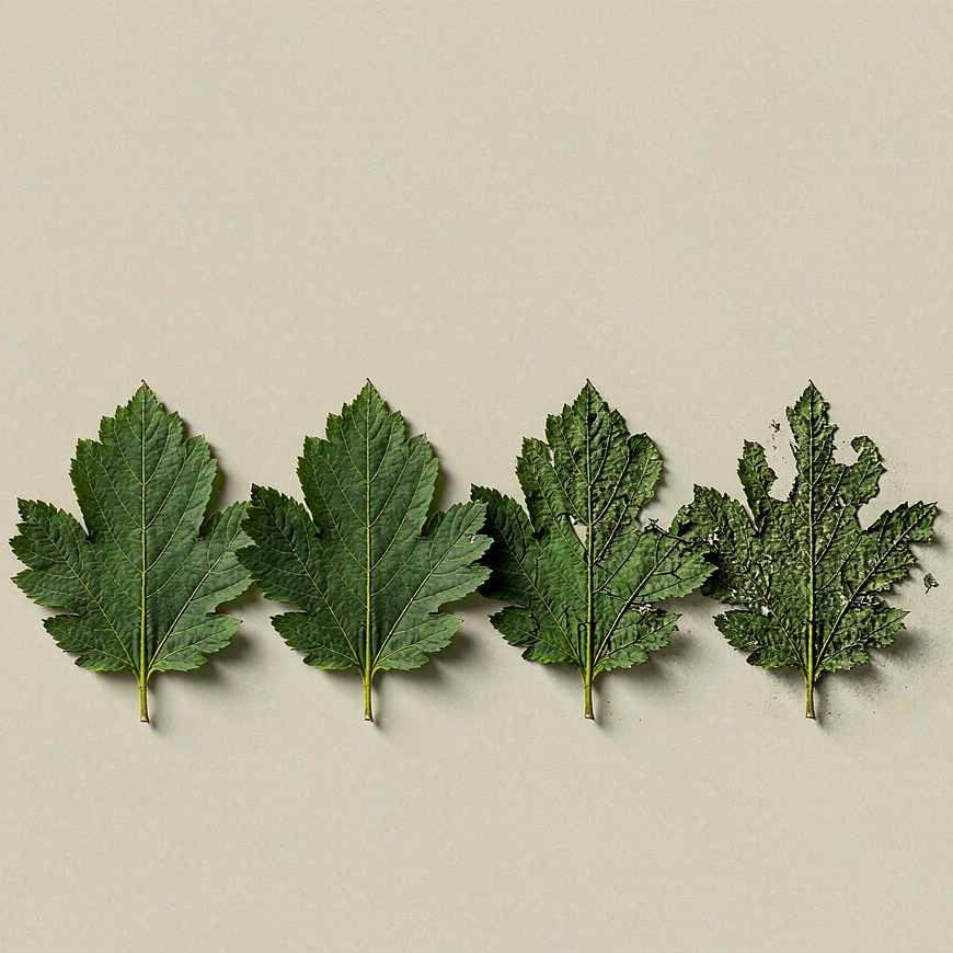 A single green leaf shown four times in a row with increasing film grain and noise