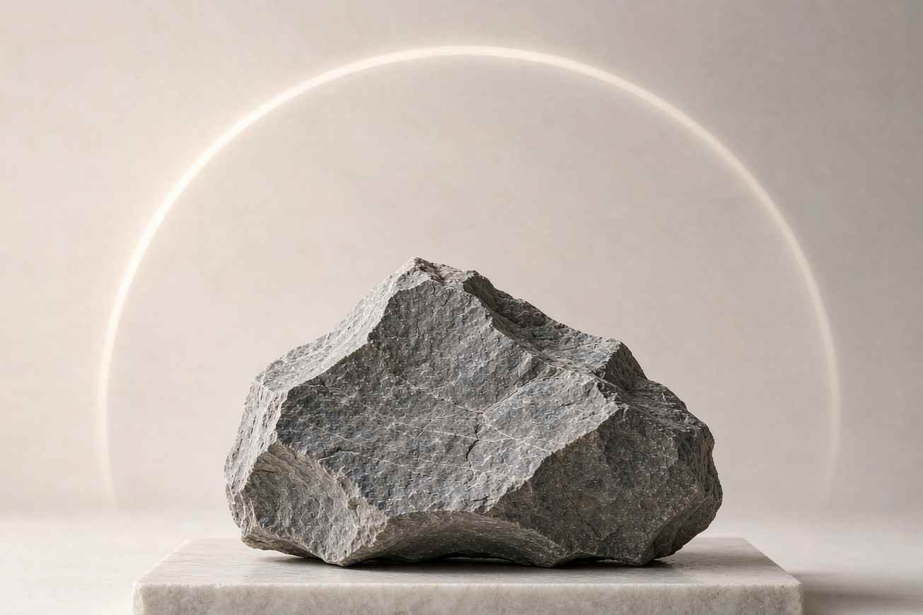 A grey rock sample resting on a pale stone plinth with a thin arcing light behind it