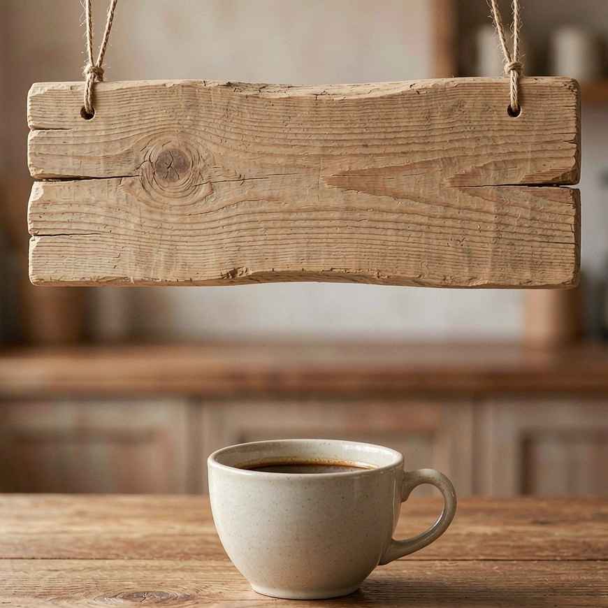 A blank wooden shop board hanging above a single ceramic coffee cup on a warm wooden counter