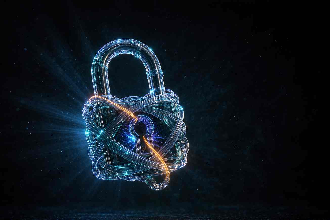 A translucent padlock woven entirely from filaments of light