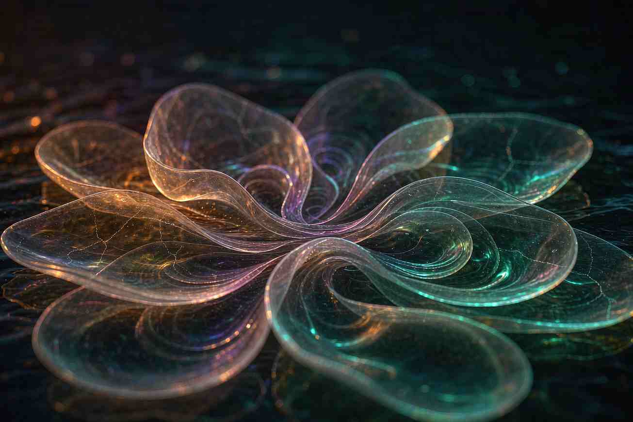 Overlapping translucent ripples in dark water lit by warm amber and cool teal light