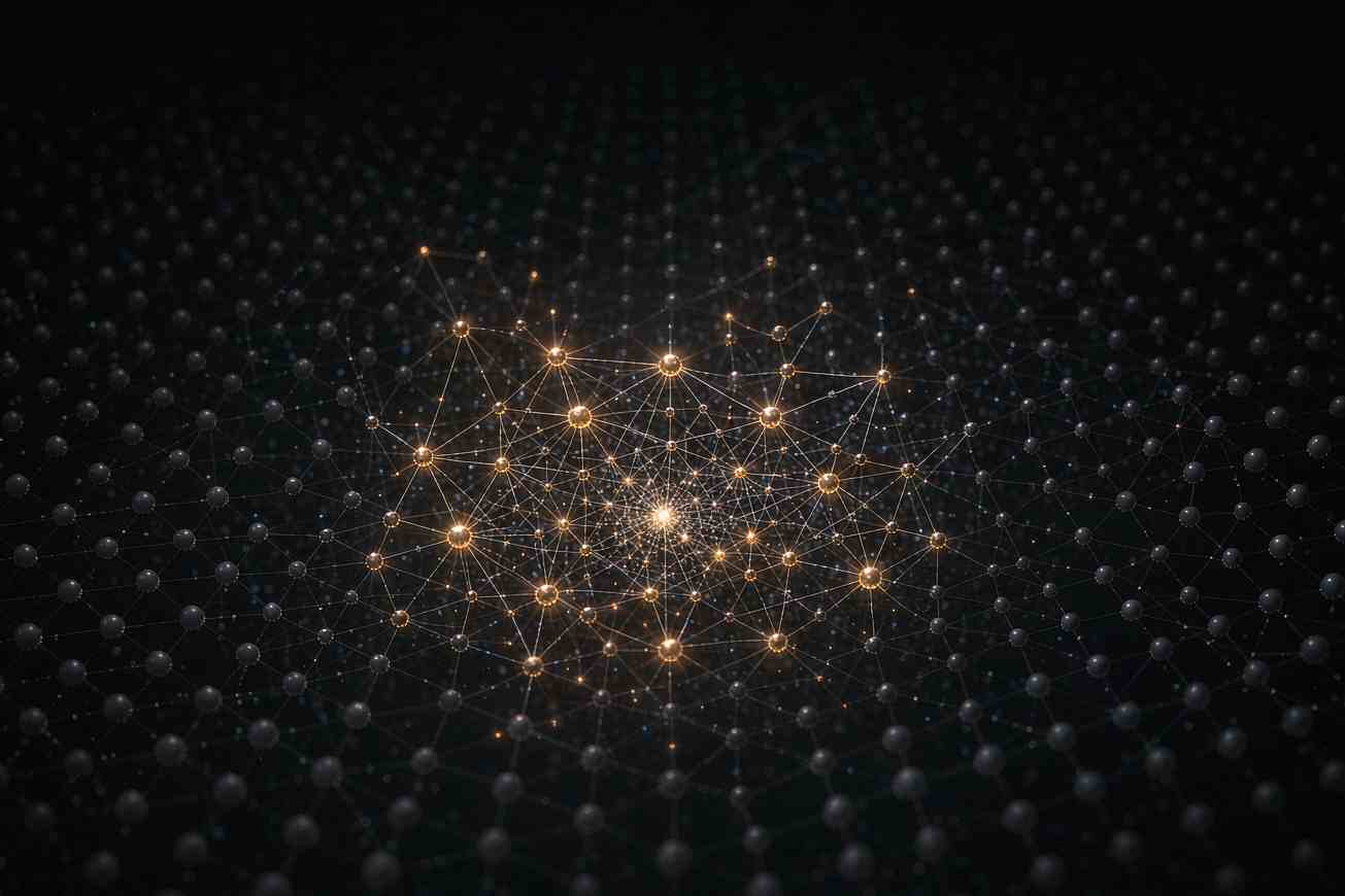 Un petit groupe de nœuds dorés lumineux reliés par de fines traînées lumineuses à travers une matrice de nœuds gris sombres