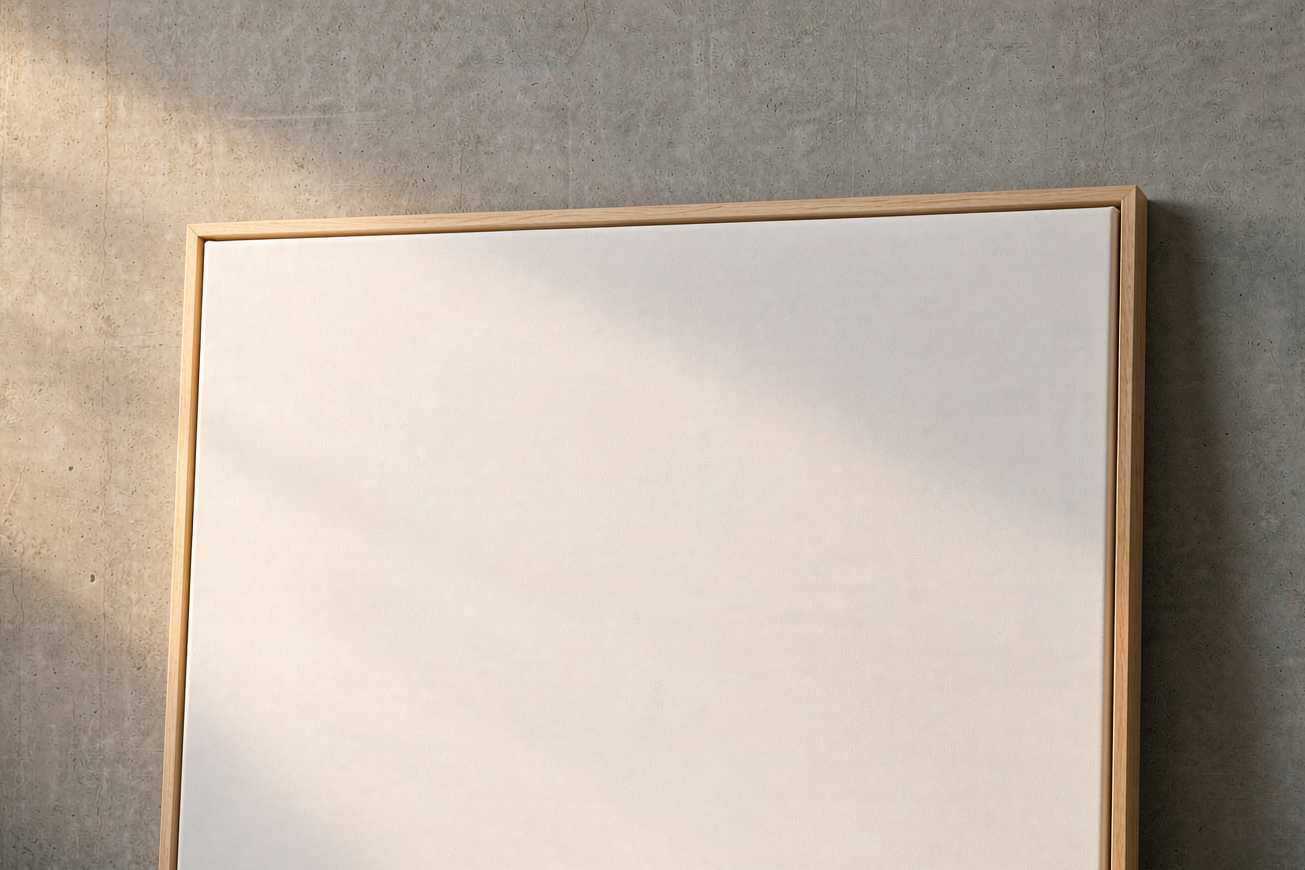Uma tela branca em branco envolta em uma moldura de madeira clara apoiada contra uma parede de concreto