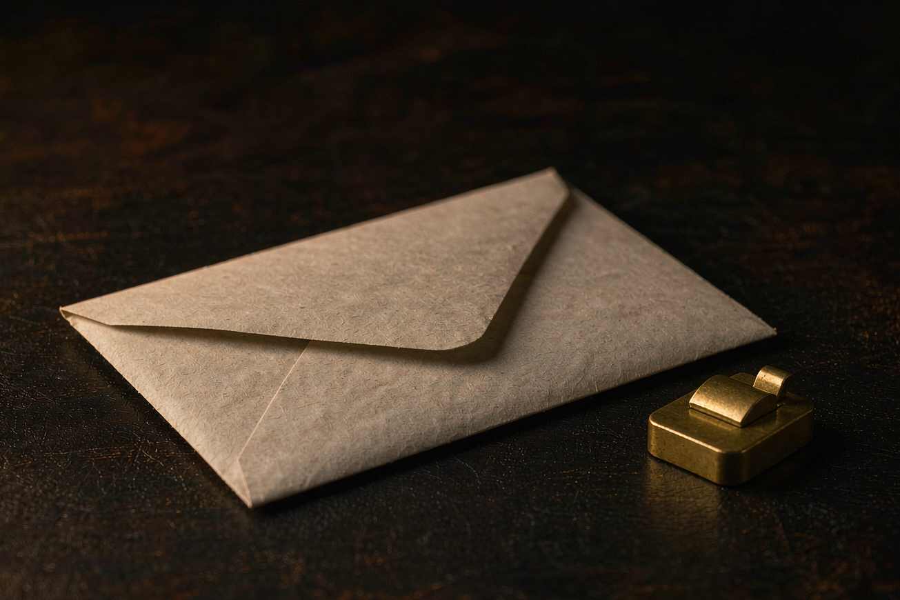 Um envelope de papel lacrado em branco ao lado de um pequeno contador de latão sobre uma mesa escura texturizada