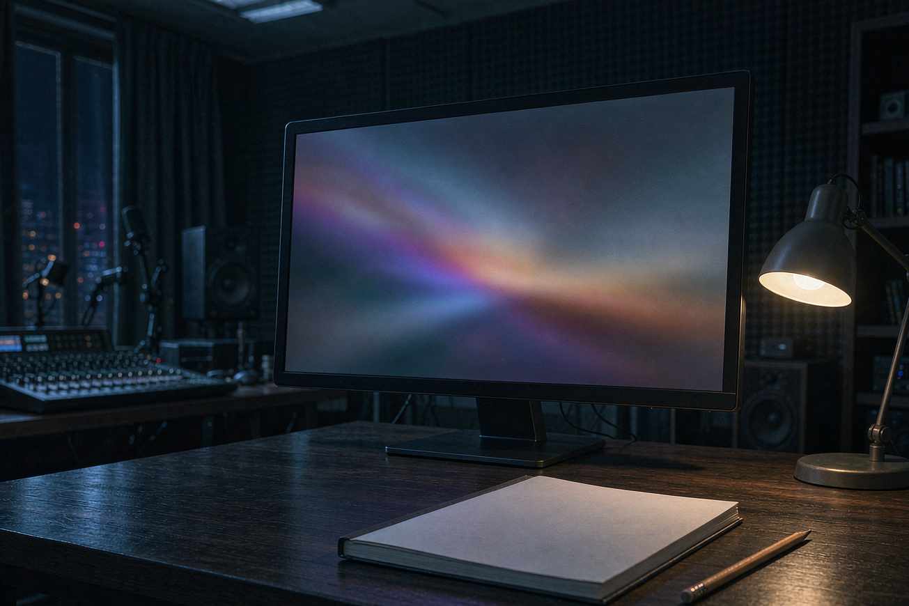 Uma sala de edição vazia à noite com um grande monitor escuro exibindo gradientes de cor suaves