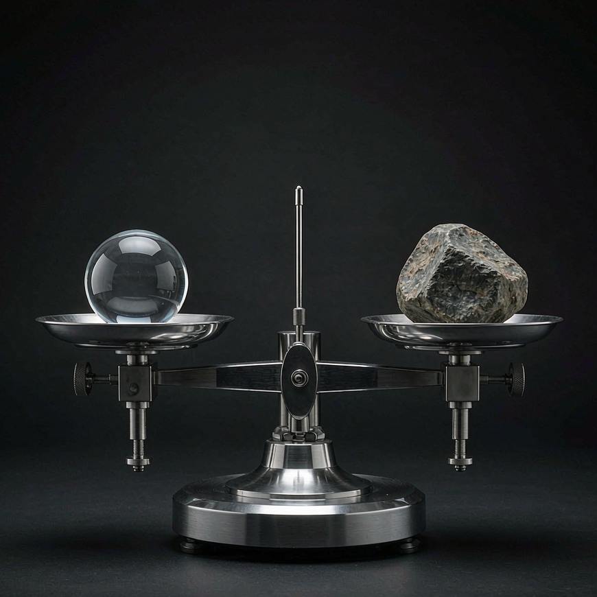 A precision balance holding a blank glass sphere on one tray and a rough stone on the other