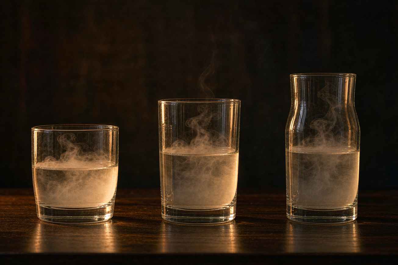Three glass vessels of different heights on a dark walnut desk, each half-filled with soft luminous mist