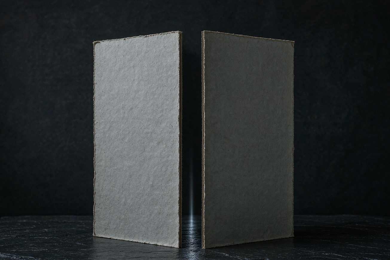 Two pale boards standing upright on dark slate with a thin thread of light running between them