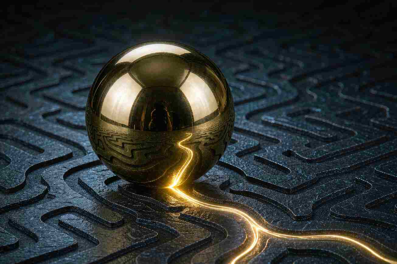 Une sphère de laiton polie suspendue au-dessus d'un labyrinthe d'ardoise sombre, laissant une faible traînée lumineuse qui se divise vers le bord de la plaque