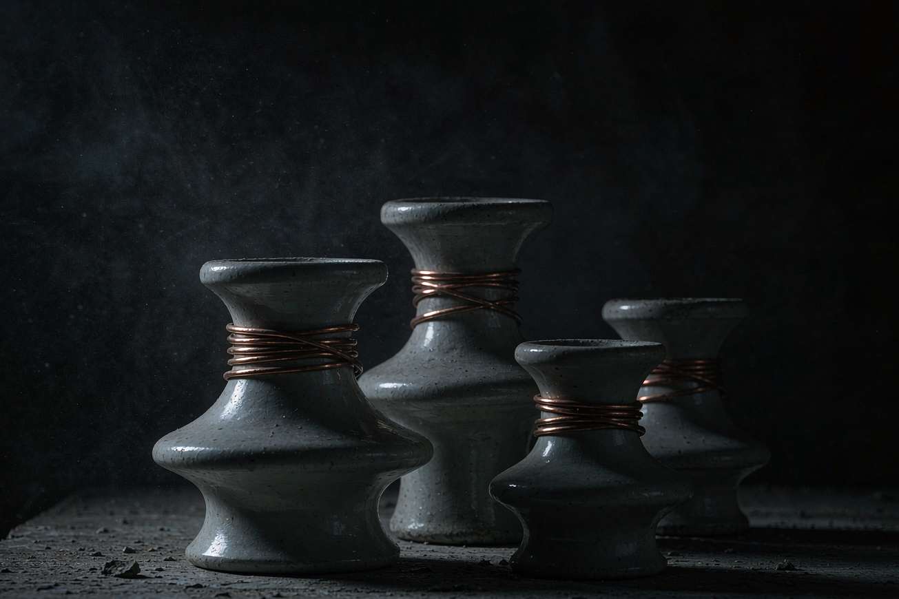 Porcelain high-voltage insulators bound with coiled copper windings on a rough concrete slab under low-key light.