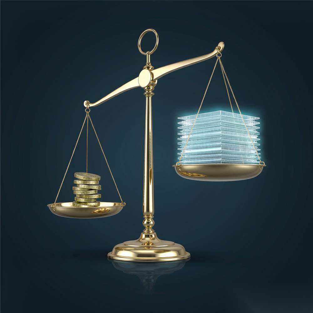 A balance scale: film frames on one side, coins on the other