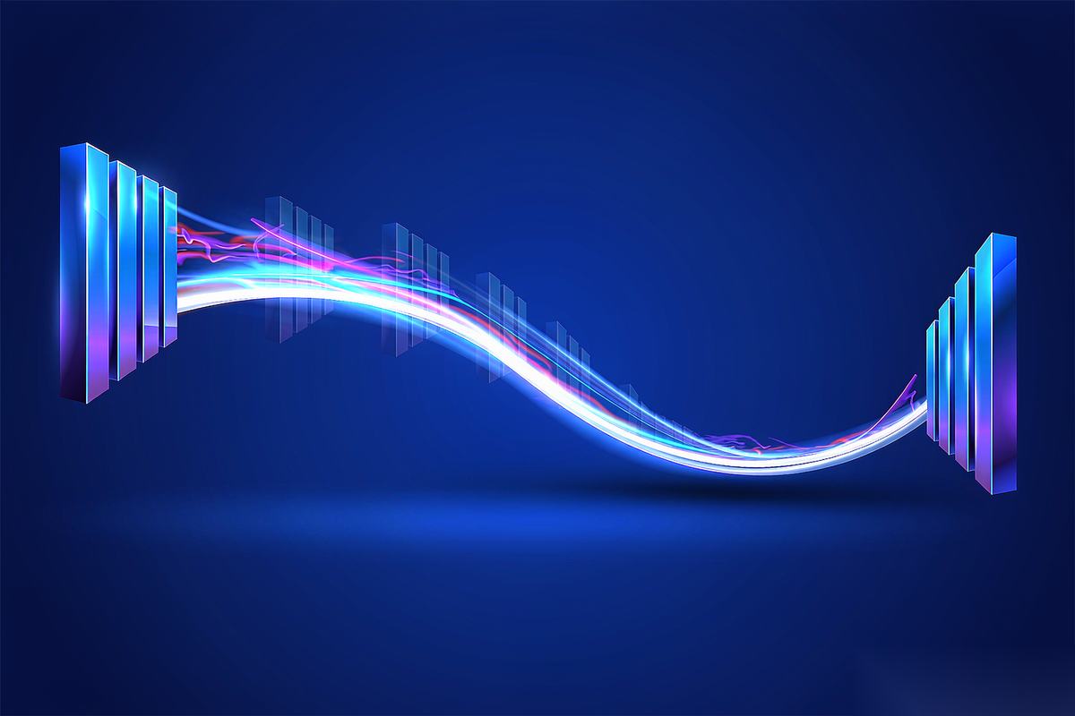 A timeline with two keyframes connected by a glowing motion arc