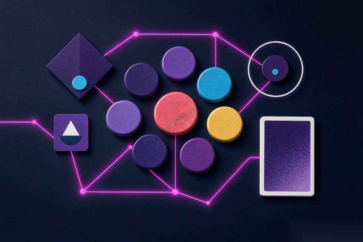 A brand kit of color chips, logo shapes and a type specimen on a dark surface