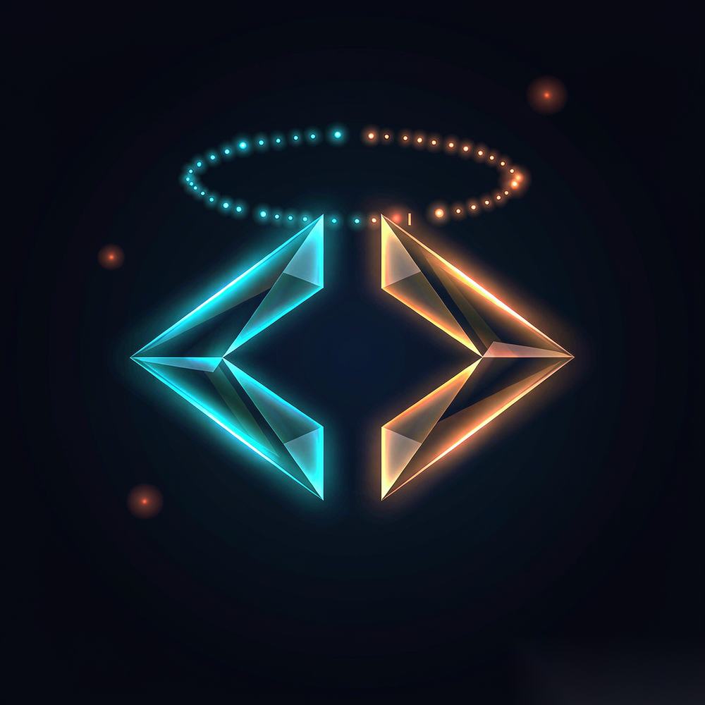 A play button formed from two glowing code brackets