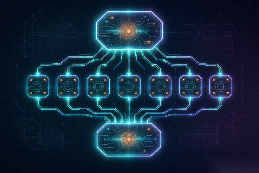 One bright planning node branching into many small execution nodes