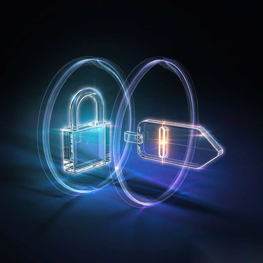 Ein halbtransparentes Vorhängeschloss mit einem Identitätsausweis innerhalb eines Rings der Zugriffsgrenze