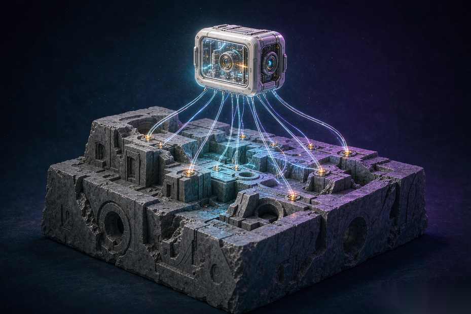 A small bright module on top of a large grey model block, refining it